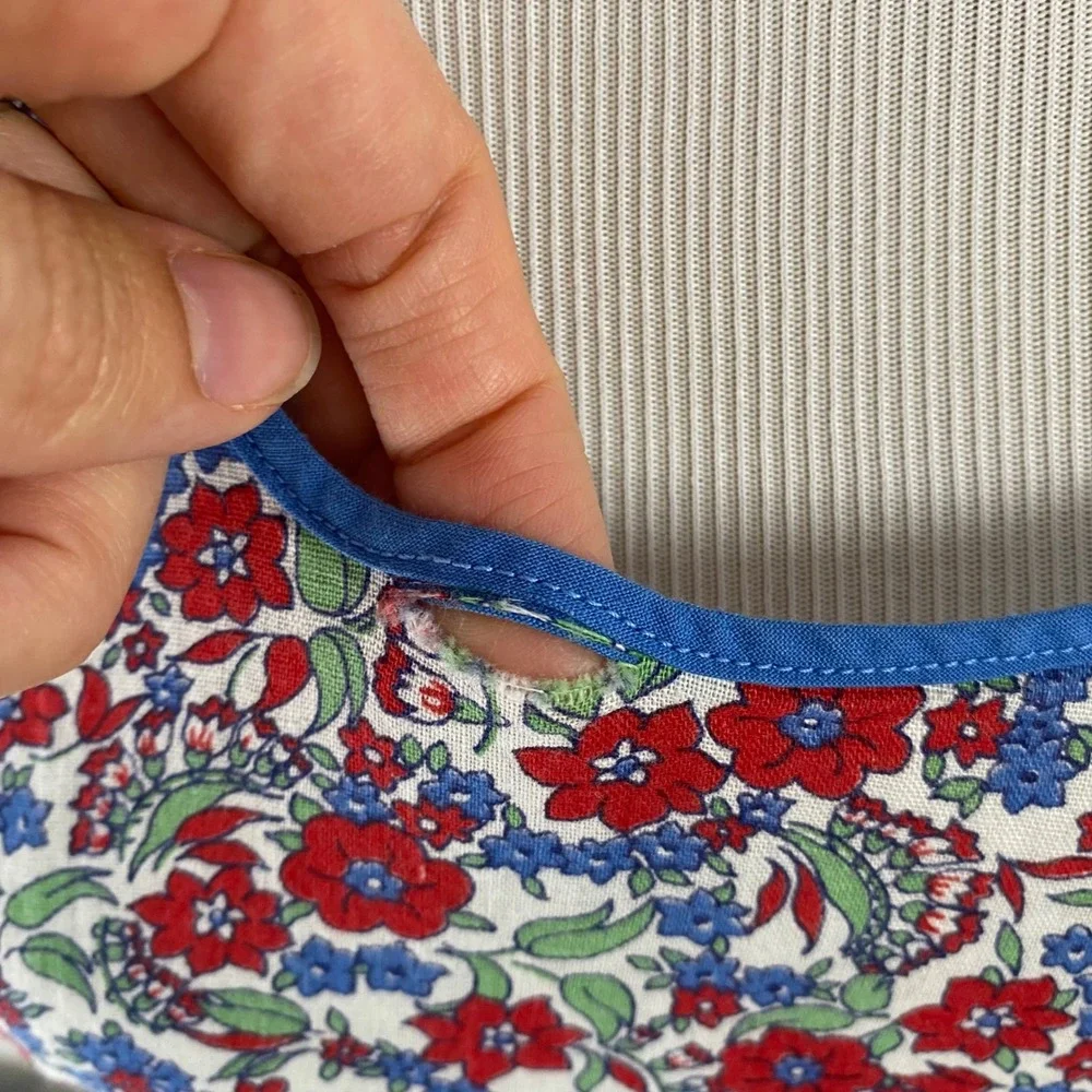 VTG Floral Pinafore Apron Red Blue Calico Open Back Tie Cottagecore Flawed*